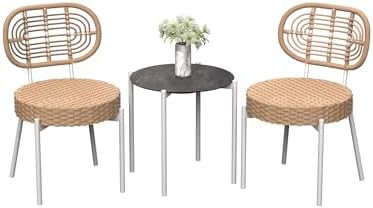 GarveeLife 3 Piece Wicker Patio Bistro Furniture Set, Outdoor Dining Chairs, Includes 2 Rattan Chairs and Tempered Glass Table, for Garden, Backyard, Balcony, Apartment, White & Brown
