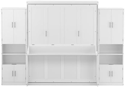 PVWIIK Queen Size Murphy Bed with Drawers & Desk,Charging Station & Storage Shelf for Small Space,Bedroom,Guest Room,Hidden Wall Bed Frame Folding into Cabinet Design,White