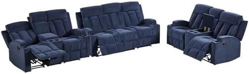 HAOMARKETS 3-Piece Manual Recliner Sofa Set, Included Loveseat Set of 2 with Center Console and 3-Seater Couch, Overstuffed Fabric Reclining Couches with Cup Holders for Living Room, Blue