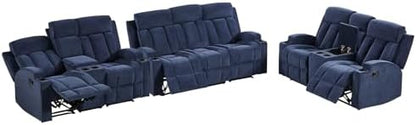 HAOMARKETS 3-Piece Manual Recliner Sofa Set, Included Loveseat Set of 2 with Center Console and 3-Seater Couch, Overstuffed Fabric Reclining Couches with Cup Holders for Living Room, Blue