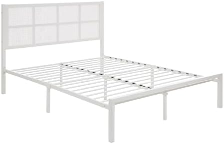 Lexicon Metal Bed Frame with Rattan Headboard, Platform Bed with Strong Metal Slat Support Under Bed Storage, Boho Faux Cane Bed, Mattress Foundation No Box Spring Needed, Queen Bed, White