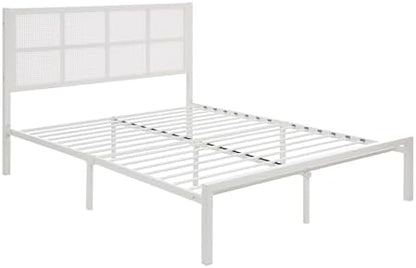 Lexicon Metal Bed Frame with Rattan Headboard, Platform Bed with Strong Metal Slat Support Under Bed Storage, Boho Faux Cane Bed, Mattress Foundation No Box Spring Needed, Queen Bed, White