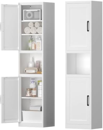 Tall Bathroom Cabinet, Slim Cabinet with 3 Adjustable Shelves, 2 Doors Narrow Storage for Bathroom, 67" H Floor Cabinet for Entryway, Kitchen, White