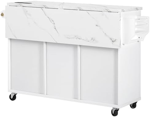 Merax 55.5" Fluted Kitchen Island with Drop Leaf, Power Outlet,Kitchen Grill Cart Island with Storage-6 Door Shelves,Adjustable Shelves,Faux Marble Top,Curved Edge for Kitchen,White