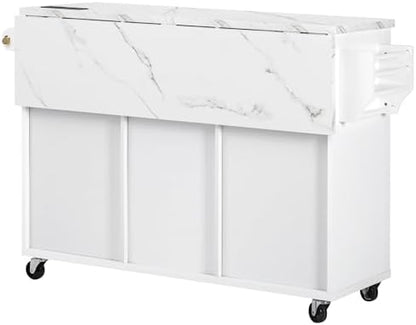 Merax 55.5" Fluted Kitchen Island with Drop Leaf, Power Outlet,Kitchen Grill Cart Island with Storage-6 Door Shelves,Adjustable Shelves,Faux Marble Top,Curved Edge for Kitchen,White