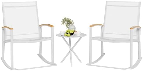 Shintenchi 3 Piece Outdoor Rocking Bistro Set, Textilene Fabric Small Patio Furniture Set, Front Porch Rocker Chairs Conversation Set with Table for Lawn, Garden, Balcony, Poolside (White)