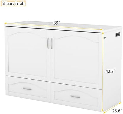 Merax Queen Murphy Bed with Storage Drawers, Pulley Structure Design, Murphy Bed Queen with Sockets & USB Ports, No Box Spring Needed, White