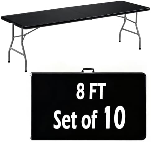10 Pack 8FT Black Plastic Folding Tables, Fold-in-Half