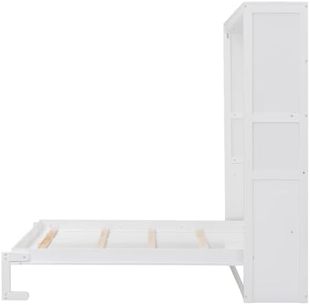 Ball & Cast Full Size Murphy Bed Wall Bed with Shelves and Mattress Holder,Wood Hideaway Cabinet Chest w/Slat Support,can be Folded,for Small Room,Dorms,White