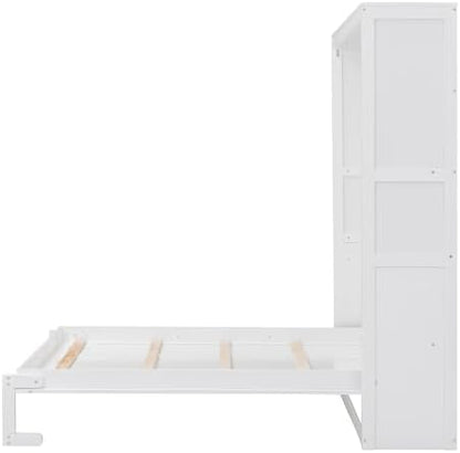 Ball & Cast Full Size Murphy Bed Wall Bed with Shelves and Mattress Holder,Wood Hideaway Cabinet Chest w/Slat Support,can be Folded,for Small Room,Dorms,White