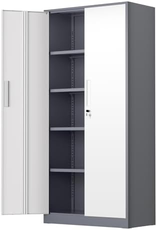 SUNCROWN 72" Metal Storage Cabinet - Heavy-Duty Metal Garage Cabinet with 4 Adjustable Shelves & 2 Doors for Tools, Office, Home, Workshop,Grey & White-Small