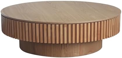 39.37'' Round Coffee Table with Storage, Solid Wood Veneered Modern Drum Coffee Table Accent Tea Table for Living Room, Bedroom, Apartment or Office-Natural