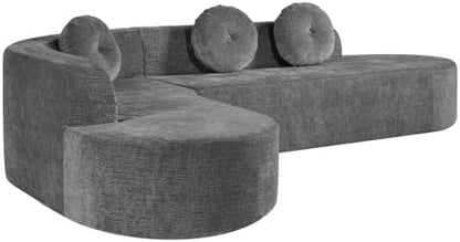 122'' Extra Large Sectional Sofa, Fully Compressed Sponge, Elegant Curved Design with Three Round Cushions, Soft Fabric Upholstery, High-Resilience Foam for Ultimate Comfort, Grey