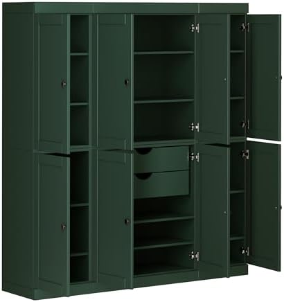 Palace Imports Solid Wood Pantry Cabinet – 71.5" Tall, 65" W - Wooden Storage Cabinet w/ 8 Shaker Doors, 2 Drawers & 12 Adjustable Shelves for Kitchen – Green, 100% Eco-Friendly Wood, Made in Brazil