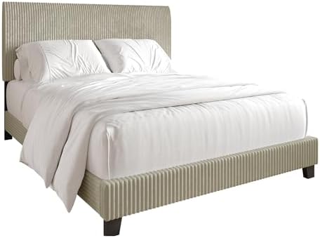 King Corduroy Velvet Upholstered Bed, Beige