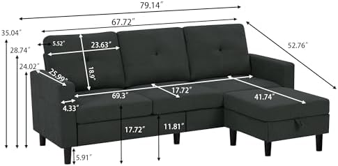 Pingliang 80-Inch Convertible Sectional Sofa with Ottoman, Black