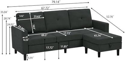 Pingliang 80-Inch Convertible Sectional Sofa with Ottoman, Black