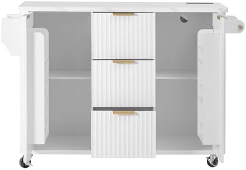 Merax 55.5" Fluted Kitchen Island with Drop Leaf, Power Outlet,Kitchen Grill Cart Island with Storage-6 Door Shelves,Adjustable Shelves,Faux Marble Top,Curved Edge for Kitchen,White