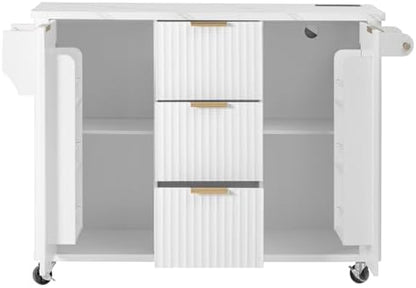 Merax 55.5" Fluted Kitchen Island with Drop Leaf, Power Outlet,Kitchen Grill Cart Island with Storage-6 Door Shelves,Adjustable Shelves,Faux Marble Top,Curved Edge for Kitchen,White