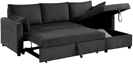 Queen Sleeper Sofa, Convertible Sofa Bed with Storage, 85 Inch Sectional Couch with Pull Out Bed, L Shaped 3 Seat Sectional Sleeper Sofa for Living Room, Apartment, Black