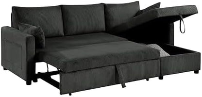 Queen Sleeper Sofa, Convertible Sofa Bed with Storage, 85 Inch Sectional Couch with Pull Out Bed, L Shaped 3 Seat Sectional Sleeper Sofa for Living Room, Apartment, Black