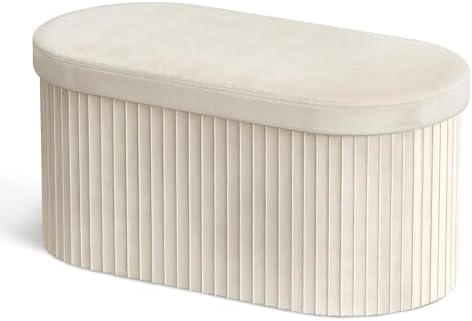 GLAXYFUR Folding Ottoman with Storage, Oval Velvet Storage Bench, Beige