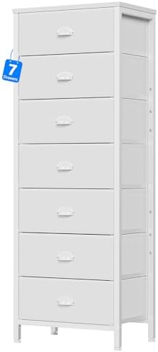 White Tall Dresser for Bedroom, Chest of Drawer with Fabric Drawer