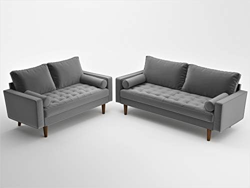 Container Furniture Direct Womble Mid Century Modern Velvet Upholstered Tufted Seat with Bolster Pillows, Loveseat, Sofa, Grey