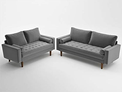 Container Furniture Direct Womble Mid Century Modern Velvet Upholstered Tufted Seat with Bolster Pillows, Loveseat, Sofa, Grey