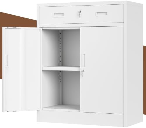 CJF Metal Storage Cabinet, Locking Storage Cabinet with 1 Drawer and Adjustable Shelf, 36" H x 28" W x 16" D White Metal Cabinets for Office, Home, Garage