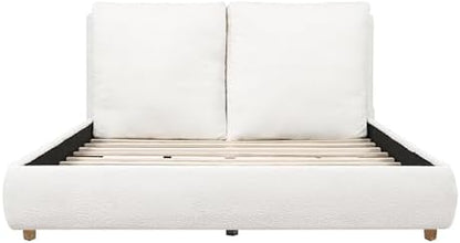 Merax Queen Boucle Upholstered Bed, 2 Removable Headboard Pillows, White