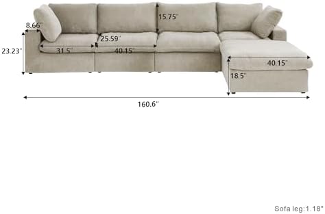Cloud Couch Modular Sectional Sofa with Storage Ottoman,160.6" L Shaped Couch for Living Room,Down Filled 5 Seater Convertible Sectional Sofas,Covers Washable&Replaceable (Khaki)