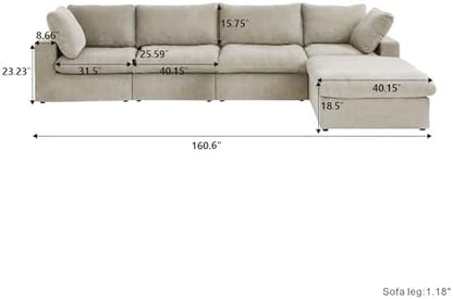 Cloud Couch Modular Sectional Sofa with Storage Ottoman,160.6" L Shaped Couch for Living Room,Down Filled 5 Seater Convertible Sectional Sofas,Covers Washable&Replaceable (Khaki)