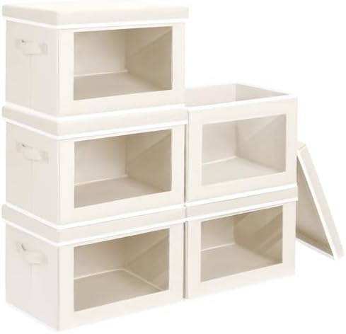 Storage Bins with Lids - Large Decorative Basket with Lids, Fabric Foldable Closet Organizer Bins, Stackable Shelf Organizer for Living Room, Dorm, 5 Pack, Beige