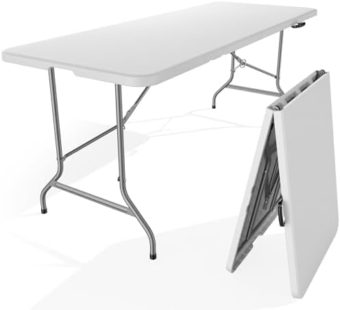 NEWBULIG 6 FT Foldable Table Easy to Fold and Store, Folding Picnic Table for Picnic Camping Kitchen Dining Party Outdoor Indoor with Carrying Handle, White