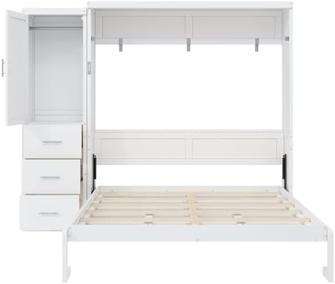 MERITLINE Queen Murphy Bed with Storage Drawers and Wardrobe,Solid Wood Farmhouse Horizontal Murphy Wall Bed Cabinet with Drawers for Bedroom Office Guest Room, Foldable