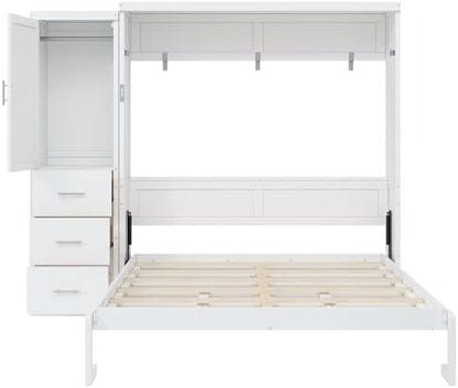 MERITLINE Queen Murphy Bed with Storage Drawers and Wardrobe,Solid Wood Farmhouse Horizontal Murphy Wall Bed Cabinet with Drawers for Bedroom Office Guest Room, Foldable