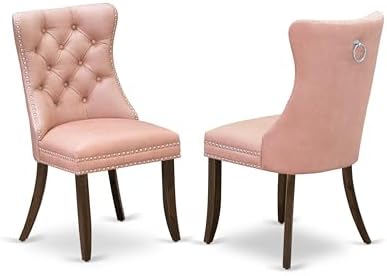 East West Furniture DAP8F23 Dallas Parson Dining Room Chairs - Button Tufted Nailhead Beige Red Faux Leather Upholstered Chairs, Set of 2, Antique Walnut