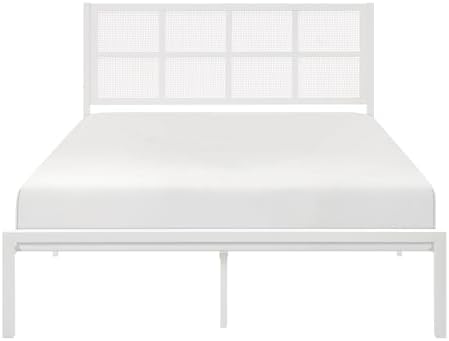 Lexicon Metal Bed Frame with Rattan Headboard, Platform Bed with Strong Metal Slat Support Under Bed Storage, Boho Faux Cane Bed, Mattress Foundation No Box Spring Needed, Queen Bed, White