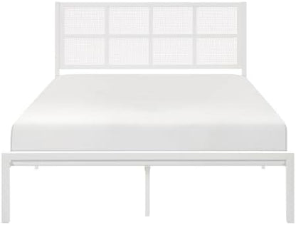 Lexicon Metal Bed Frame with Rattan Headboard, Platform Bed with Strong Metal Slat Support Under Bed Storage, Boho Faux Cane Bed, Mattress Foundation No Box Spring Needed, Queen Bed, White