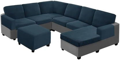 Seat Cushion Cover and Back Covers for Corner Sofa Stretch Jacquard, Non Slip L Shaped Sofa Slipcover with Storage Ottoman, Sectional Couch Cover for Chaise Lounge (Denim blue,Armrest cover x 2)