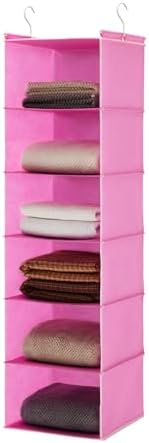 6-Shelf Hanging Closet Organizer with 2 Sturdy Hooks, Pink