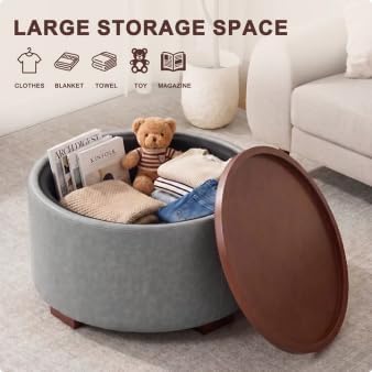 29.1 Inch Round Ottoman Coffee Table, Ottoman with Storage, Leather Grey | Storage Ottoman with Removable Lid Top, Solid Wood Legs, Round Ottoman for Living Room, Bedroom, Apartments