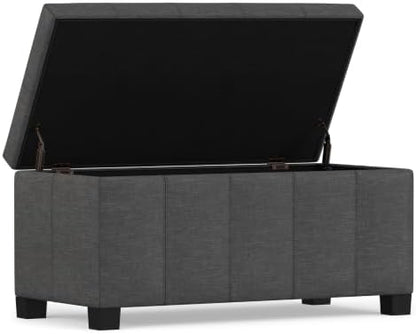 SIMPLIHOME Dover 36" Wide Linen Look Fabric Storage Ottoman in Slate Grey