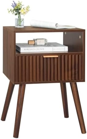 Walnut Nightstand, Fluted Night Stand with Drawer and Open Shelf