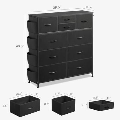 WLIVE 10 Drawer Black Fabric Dresser for Bedroom, Side Pocket & Hooks Chest
