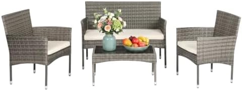 FDW 4-Piece Patio Furniture Set | Gray & Khaki | Outdoor Wicker Furniture