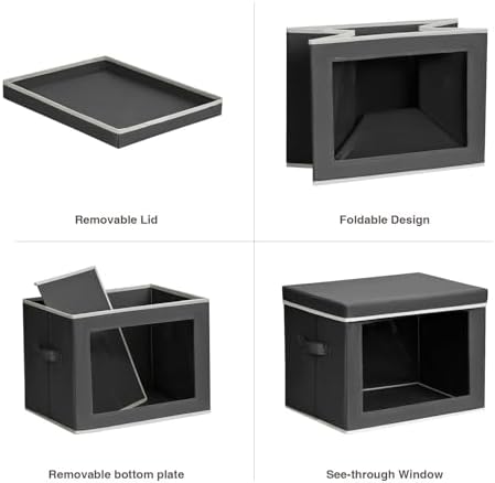 Stackable Storage Bins with Lids - Large Storage Box with Lids, Foldable Closet Boxes for Organizing, Wardrobe Clothes Organizer with Window, Cubes Bins for Living Room, 4 Pack, Dark Grey