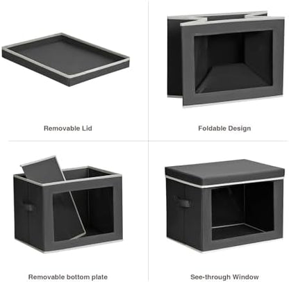 Stackable Storage Bins with Lids - Large Storage Box with Lids, Foldable Closet Boxes for Organizing, Wardrobe Clothes Organizer with Window, Cubes Bins for Living Room, 4 Pack, Dark Grey
