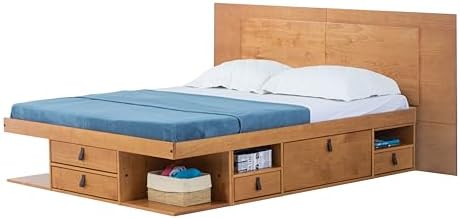 memomad Bali Slim Set: Bed + Flat Headboard, Full Size, Oak Brown